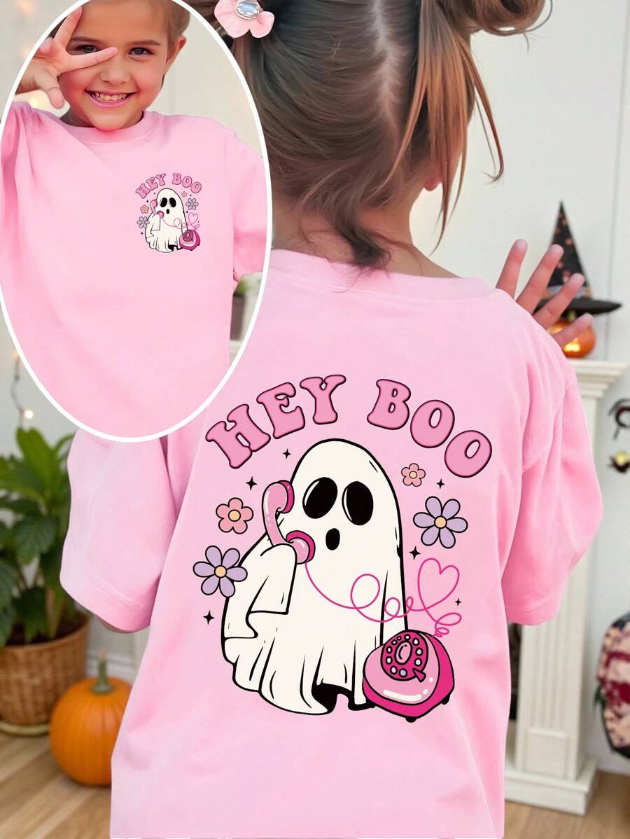 SHEIN Playful Pals Girls' Casual Halloween Themed Cute Ghost & Colorful Letter Print Basic Short Sleeve T-Shirt, Pink Cute Ghost Shirt Girls Graphic Tee Kids Tshirt Hey Boo Shirt Pink Girls Top