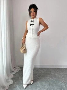 Elenzga 2pcs/Set Women Autumn/Winter Ivory Fancy Yarn Minimalist High-End Sleeveless Vest + Bodycon Maxi Skirt Knitted Sweater