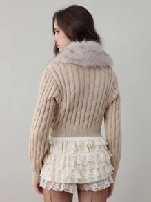 Fairycore Y2K Style Furry Collar Patchwork Inverted Triangle Hem Cropped Cardigan For Women - Khaki - View 3