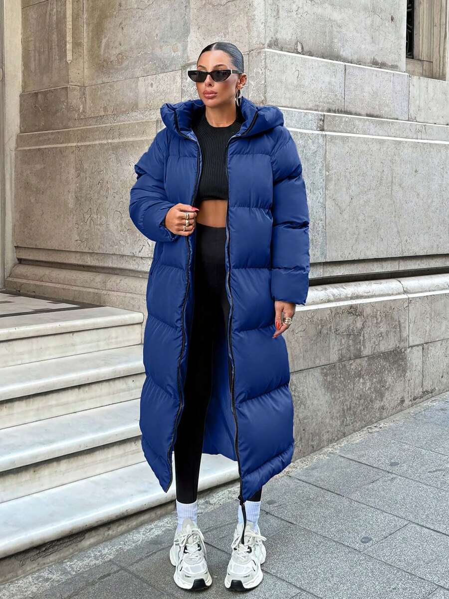 EURMUSE Abrigo de invierno acolchado de línea larga con cremallera y tirador de contraste, con función de mantener el calor - Azul Marino - Ver 1