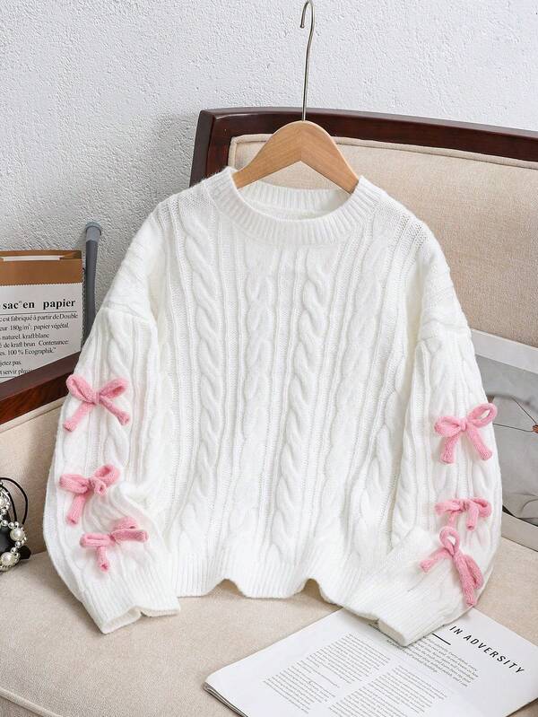 SHEIN Casual trui met ronde hals en kabelpatroon voor tienermeisjes, effen en gedraaid, leuk voor de winter en herfst.