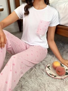 EURMUSE 2 件/女士心形印花细节口袋和心形印花睡裤家居服睡衣套装