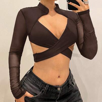 여성용 스탠드 칼라 크롭트 탑, 메쉬 소매, 크리스크로스 가슴 컵