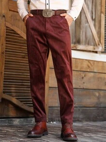 Manfinity Nomadique Men's Casual Commuter Vintage Solid Color Tapered Pants, Fall - Burgundy - View 5