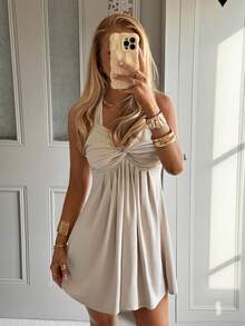 CovetEZ Vestido casual con cuello de corbata y espalda descubierta color albaricoque para mujer - Albaricoque - Ver 8