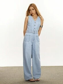 SHEIN EZwear Pantalon salopette en jean décontracté et élégant pour femmes - Bleu azur - Voir 6