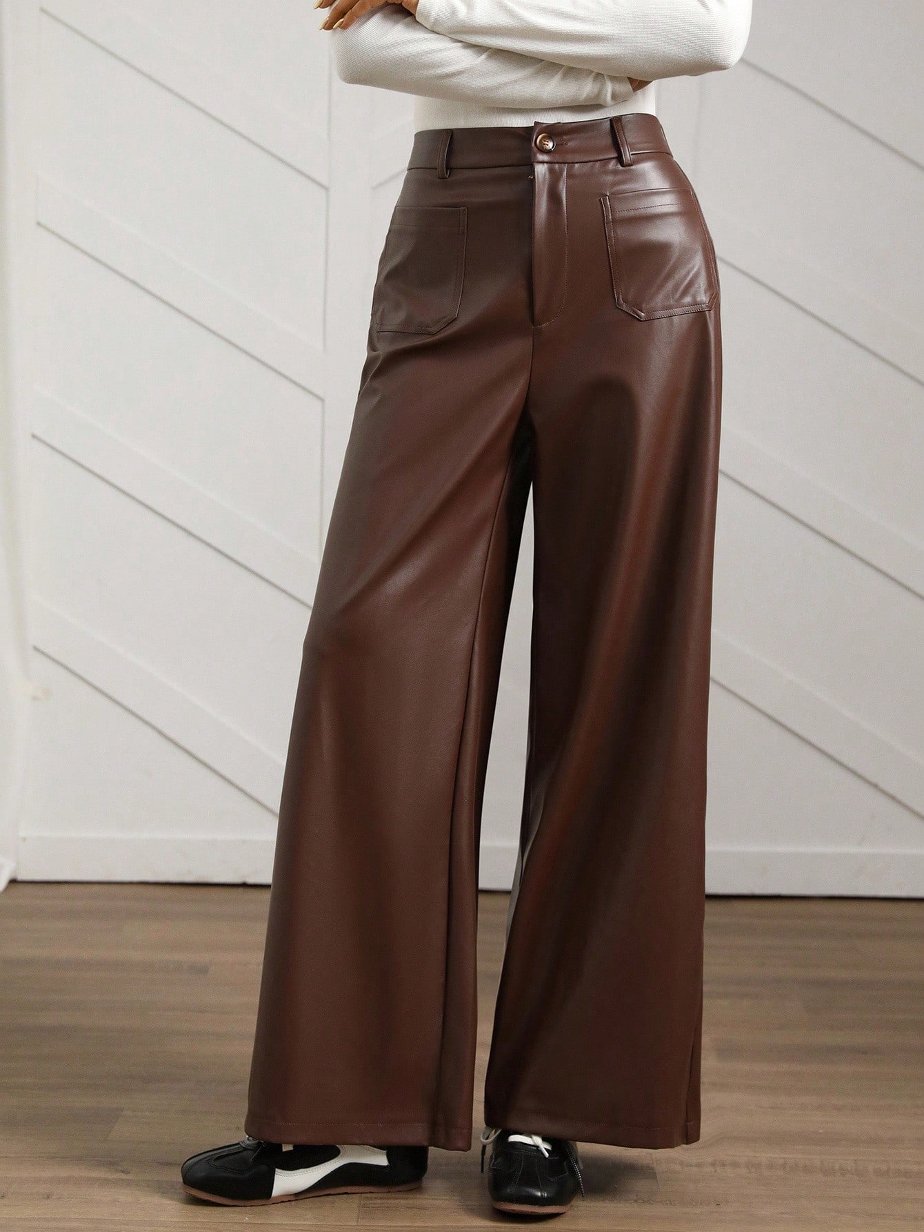 Easowa بنطلون كاجوال بني من البولي يوريثان مع جيوب...