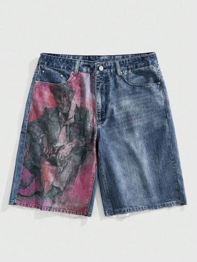 Street Life Men's Casual Denim Painting Shorts With Pockets, Fashion Summer