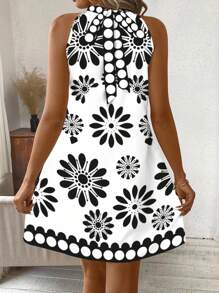 SHEIN Clasi Casual Floral Pattern Halter Mini Dress For Women, Suitable For Summer Chic Dress - Black and White - View 2