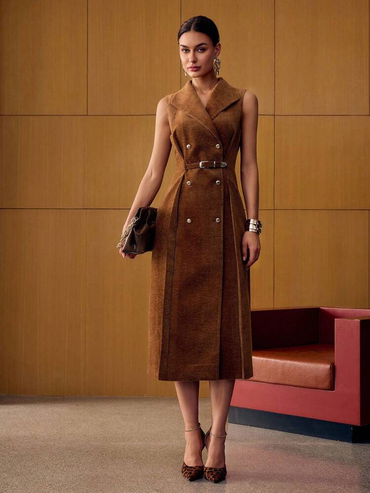 METAL BUCKLE TEXTURED FABRIC MID-LENGTH DRESS