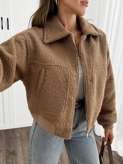 EURMUSE Cropped Jacket With Stand Collar, Front Zipper, And Large Front Pockets, Casual And Outerwear Brown Jacket Crop Jacket Oversized Jacket Teddy Jacket Fall Jacket Zip Up Sweater Brown Sweater