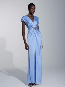 Elitara Váy phù dâu chữ A xếp ly tay ngắn màu cà phê thanh lịch và lãng mạn có xẻ tà - Màu xanh nhạt - Xem 5