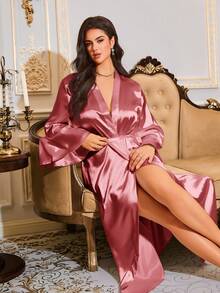 LuxeNights Luxe Nights French Elegant Loose Long Robe, Women Sleepwear Satin Robe, For Fall, Winter - Pink - View 4