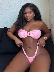 Alexandranx Women Beach Summer Outfits - Solid Color Bandeau Metallic Decor And Thong Bikini Set, Sexy Swimwear - Pink - View 5