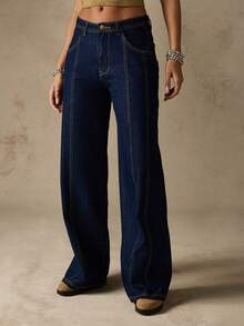 MISSGUIDED Quần jeans ống rộng cạp cao phong cách cổ điển Y2K Quần jeans ống loe dài thời trang retro thập niên 70 - Màu xanh hải quân - Xem 1