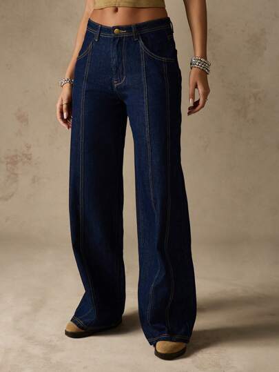 MISSGUIDED Pantalones vaqueros de pierna ancha con cintura alta y campana estilo vintage Y2K, pantalones vaqueros de campana largos de moda retro de los 70