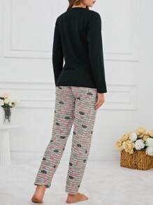 RueChic 100% Cotton 2Pcs  Cute Animal Printed Pj Set - Black - View 2