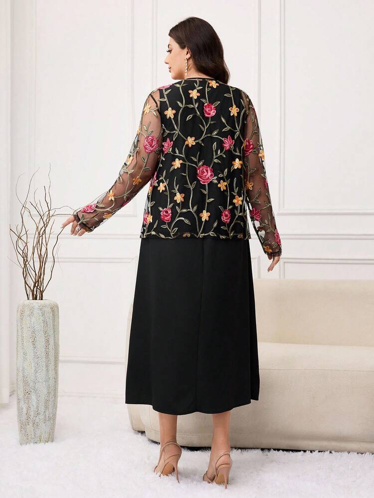 Modelyn 大码休闲纯色无袖连衣裙和花卉印花透明长袖开衫两件套 - 黑色 - 查看 3
