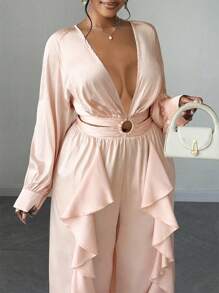 Maweii V-Neck Long Sleeve Ruffled Hollow-Out Elegant Jumpsuit - Pink - View 3