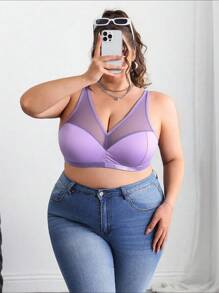 SHEIN CURVE+ Plus Size Solid Color Mesh Insert Wireless Curved Tank Top Summer/Country/Beach Vacation/Beach Wear - Mauve Purple - View 4