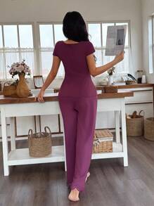 DUSKBASE Lace Trim Deep V-Neck Tie Bow Design Fitted Women Pajama Set - Purple - View 2