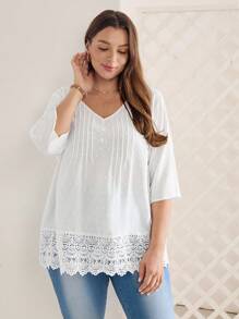 EMERY ROSE Plus Swiss Dot Guipure Lace Panel Blouse,Spring/Summer/Vacation - White - View 5