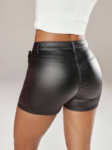 SHEIN ICON Women's Black Coated Elastic Fitted Waist Skort, All Season - Black - View 2