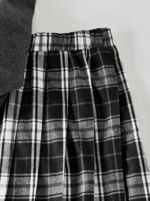 Sparklyn Tween 女童条纹格子拼色字母印花两件套：长袖运动衫和褶皱迷你裙，适合学校、通勤的休闲装，适合返校季穿着 - 深灰色 - 查看 5