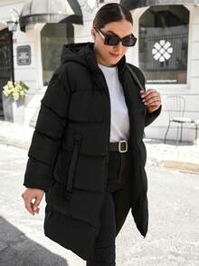 EURMUSE Plus Size Solid Color Long Hooded Winter Coat - Black - View 4
