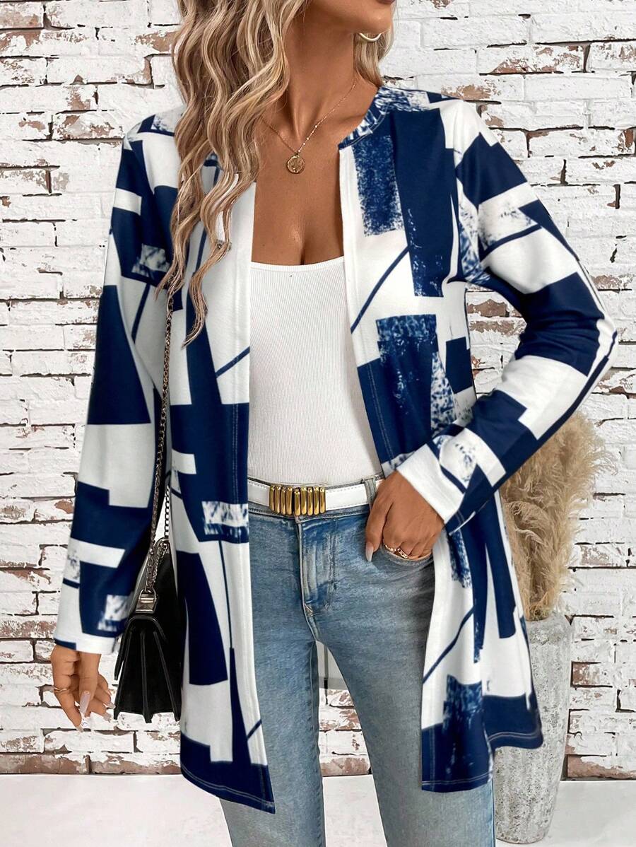 SHEIN Clasi Women's Elegant Black & White Geometric Pattern Versatile Regular Jacket In Fall/Winter