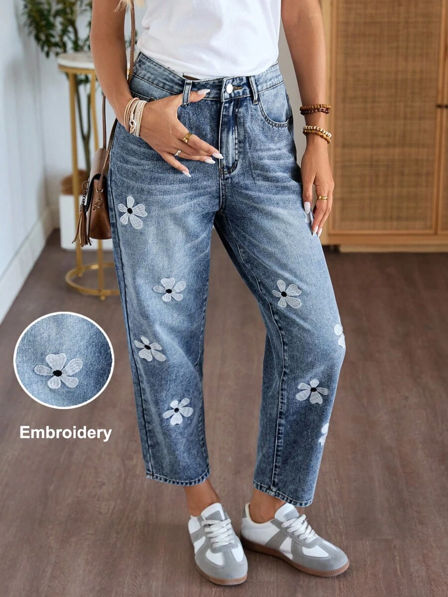 EMERY ROSE Quần Jeans Nữ Dáng Rộng, Ống Thẳng, Thêu Hoa, Phong Cách Mùa Thu, Thường Ngày, Đồng Quê, Buổi Hòa Nhạc, Đồng Quê, Đồng Quê, Quần Jeans Nữ - Rửa nhẹ - Xem 1