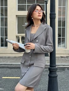 Teen Girl Casual Everyday Commute Mandarin Collar Single-Breasted Jacket And Dress Set - Grey - View 7