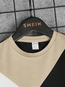 SHEIN Setelan Kasual Musim Panas 2 Potong untuk Anak Laki-Laki: Kaos Lengan Pendek Leher Bulat Warna Kontras Motif Patchwork dan Celana Pendek, Cocok untuk Olahraga, Jalan-jalan, Liburan, Sekolah, dan Aktivitas Dasar Sederhana. - Khaki - View 6