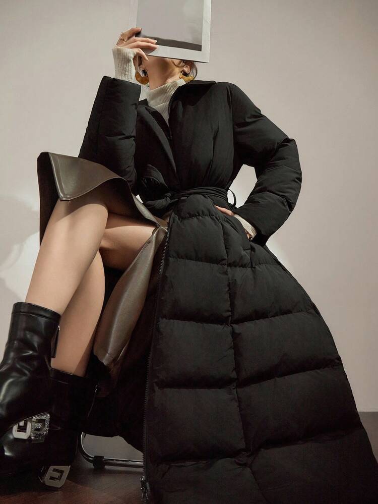 Women's Solid Color Belted Winter Jacket Long Puffer Coat Women Long Winter Coat Women Puffer Coat With Belt Long Quilted Coat Women Women Winter Coats