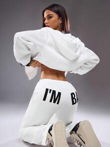 Shutterstock Y2Kool Women's Casual White Butt Print Sweatpants Fall And Winter Tracksuit Y2k Two Pieces Set Sweat Set Women Y2k Women Two Pieces Outfits Party Pant