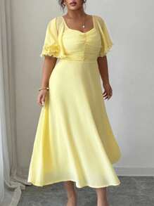 Modelyn Women's Solid Buttercup Yellow Chiffon Ruffle Sleeve Design Summer French Style Vacation Dress - Yellow - View 4