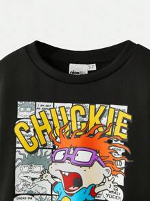 Nick 90s | SHEIN 小男孩卡通黑白漫画图案正面印花圆领套头衫，秋冬 - 黑色 - 查看 3