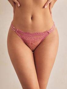 Charlaine Lace Patchwork Minimalist Sequin Elastic Shiny Sheer Elegant Romantic French Style Women's Panties, Suitable For Daily Wear And Vacation, Lace Underwear, Sheer Underwear, French Underwear - Dusty Pink - View 4