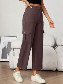 SHEIN PETITE Quần Jeans Ống Thẳng Có Túi Cài Nút Thời Trang Đường Phố Thường Ngày Đa Năng Cho Nữ - màu nâu - Xem 4