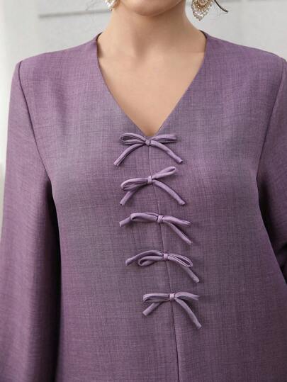 Yasmyna 2025新款蝴蝶结V领宽松优雅连衣裙