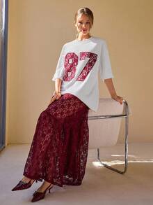 CLARA VERO Camiseta deportiva con detalles de encaje y falda de encaje de cintura alta, estilos elegantes y frescos - Multicolor - Ver 6