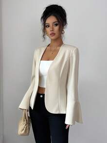 Elenzga Sacou elegant pentru femei, business, casual, culoare solidă, cu mâneci evazate, ușor, colecție nouă de primăvară-toamnă, potrivit pentru primăvară, toamnă, iarnă, ținute de birou, petreceri, naveta zilnică, doamne de toamnă - Caisă - Vizualizare 4