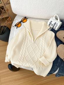 SHEIN Young Boys' Vintage Floral Textured Polo Collar Half-Zip Loose Raglan Pullover Sweater, Thermal Lined Thick Warm For Winter Fall - Apricot - View 7