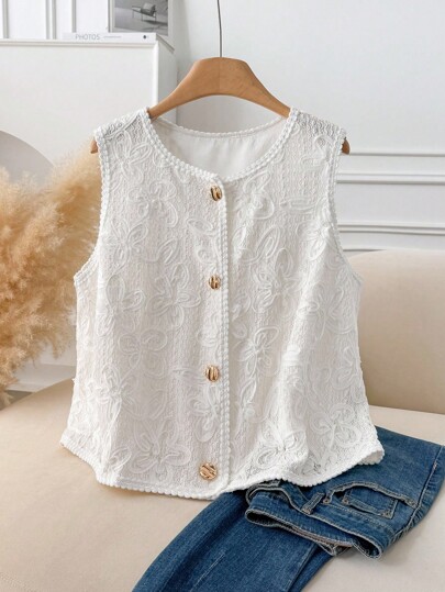 CosyJoli Plus Size Women Loose Casual Textured Jacquard Crew Neck Vest Jacket Lace White Top White Button Down Vest White Lace Vest Women Lace Top Women Summer Vest