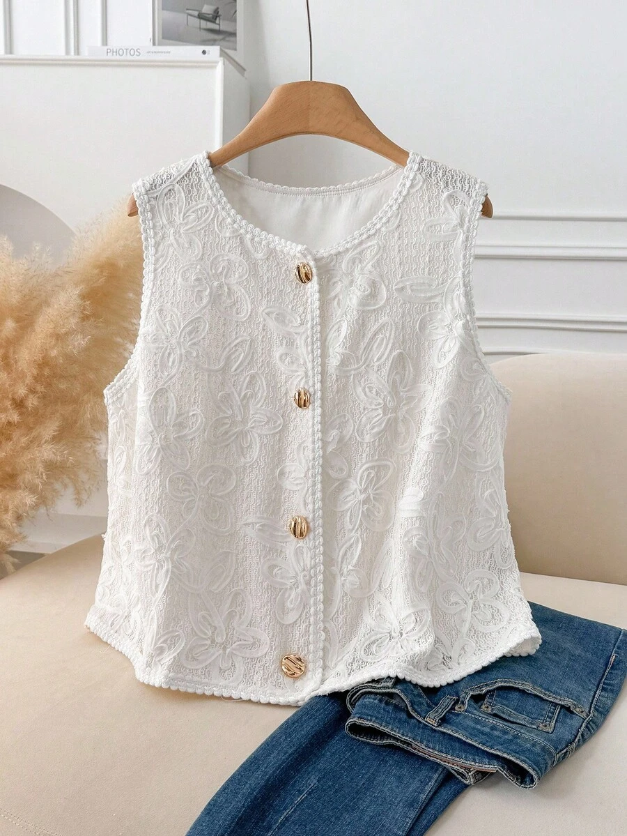 CosyJoli 大码女式宽松休闲纹理提花圆领背心夹克蕾丝白色上衣白色纽扣背心白色蕾丝背心女式蕾丝上衣女式夏季背心秋冬 - 杏色 - 查看 1