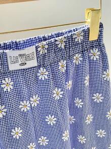 Comfortcana Quần dài ống rộng họa tiết hoa kẻ caro cỡ lớn đi nghỉ dưỡng thường ngày - Màu xanh lam - Xem 4