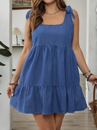 SHEIN CURVE+ 夏季大码纯色肩带无袖休闲牛仔连衣裙