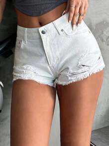 EURMUSE Shorts Jeans Rasgados De Cor Sólida - Branco - Ver 3