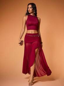 Y2Kool BiGraphic Top de tirantes casual y cómodo para mujer en color burdeos, top de fiesta rojo oscuro