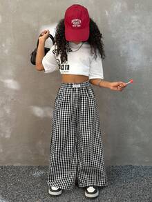 Coolane Kids Tween Girls 春夏街头服饰图案粉色宽松直筒裤 - 黑與白 - 查看 4